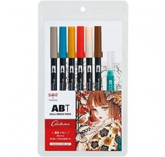 Tombow AB-T6CATQA 브러시 펜, 듀얼 브러시 펜, ABT, 6색 및 워터 브러시, 일러스트레이션 세트, 가을