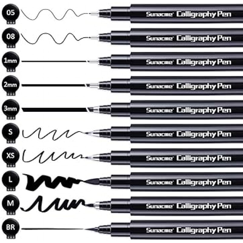 sunacme 붓글씨 펜 핸드 레터링 펜 10 사이즈 붓글씨 펜 펜 초보자 필기 스케치 그림 그림 스크랩북 일기 블랙 10 Piece Assortment