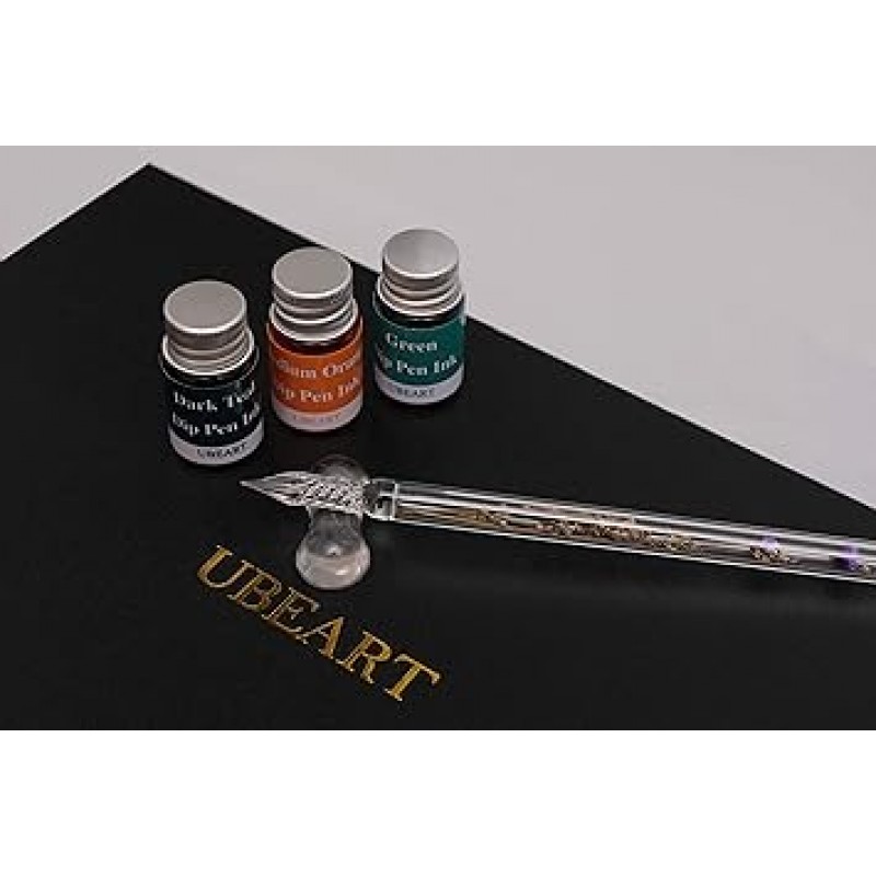 UBEART 유리 딥 펜 세트 28 책 붓글씨 세트 24 색 잉크 청소 컵 펜 홀더 크리스탈 유리 펜 2 책 붓글씨 키트 생일 졸업 선물 초보자용