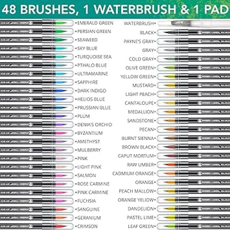 노버그 & 린든 XL50 수필 펜 세트 - 수채화 브러시 펜 48개, 리필 가능한 수필 펜 1개, 페인트 패드