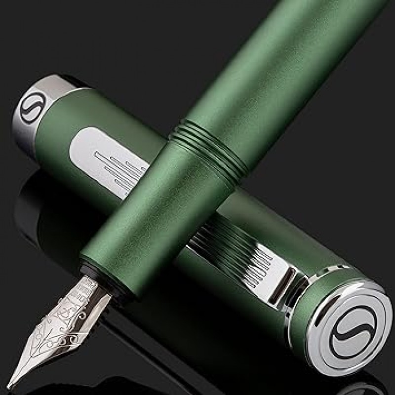 Scriveiner Premium EDC Fountain Pen Fine Point, Nice Matte Green Pocket Pen, Chrome Finish, Schmidt Nib, Converter, Best Writing Instrument Gift Set, Men & Women, Nice Office Designer Pen