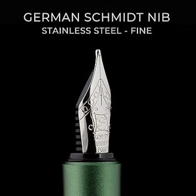 Scriveiner Premium EDC Fountain Pen Fine Point, Nice Matte Green Pocket Pen, Chrome Finish, Schmidt Nib, Converter, Best Writing Instrument Gift Set, Men & Women, Nice Office Designer Pen
