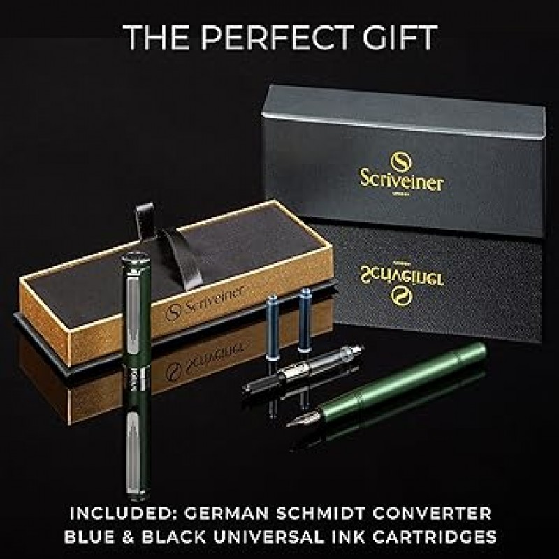 Scriveiner Premium EDC Fountain Pen Fine Point, Nice Matte Green Pocket Pen, Chrome Finish, Schmidt Nib, Converter, Best Writing Instrument Gift Set, Men & Women, Nice Office Designer Pen