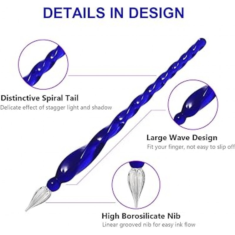 ESSSHOP 블루 유리 붓글씨 펜 크리스탈 유리 딥 펜 잉크 세트 아트 용품 서명 저널 레터링 드로잉 선물 장식