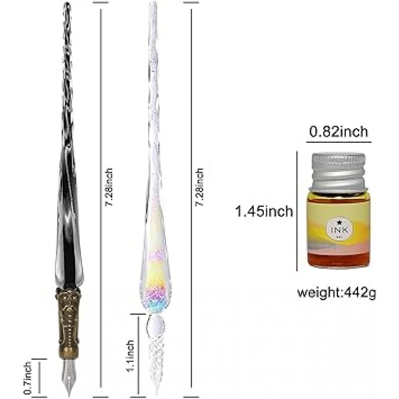 ESSSHOP 붓글씨 유리 딥 펜과 잉크 세트 17 개 빛나는 레인보우 크리스탈 펜 복고풍 조각 유리 펜 교체 펜촉 2 개