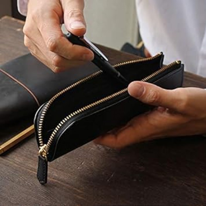 웨이크 문구 정품 가죽 무두질 가죽 L자형 지퍼 펜 케이스 네이비