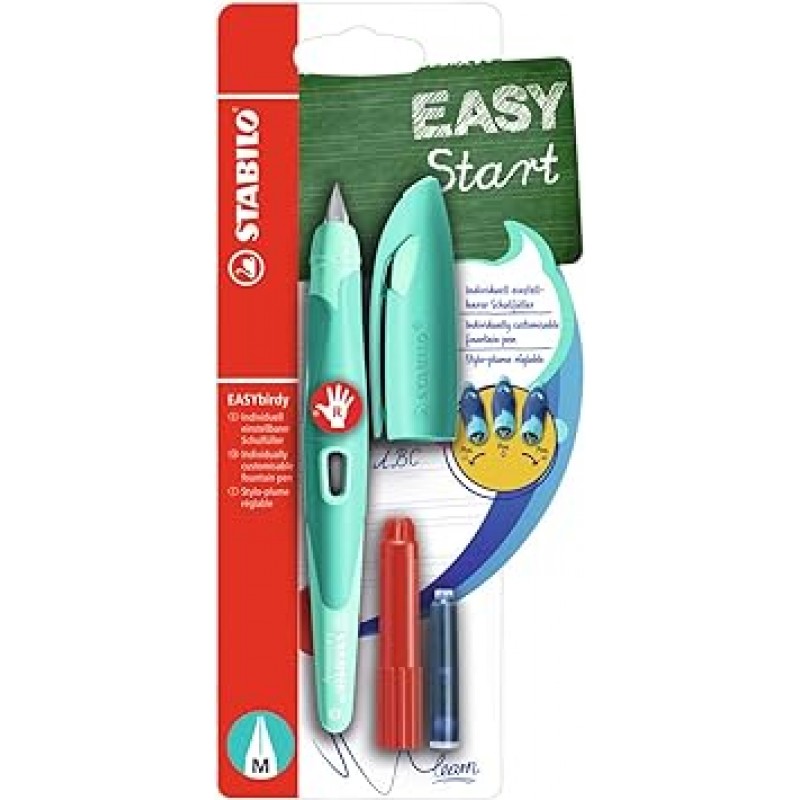 인체 공학 기반 학교 만년필 - STABILO EASYbirdy - M 펜촉 - 오른손잡이 용 - 아쿠아 그린 / 민트 + 펜촉 교환 도구
