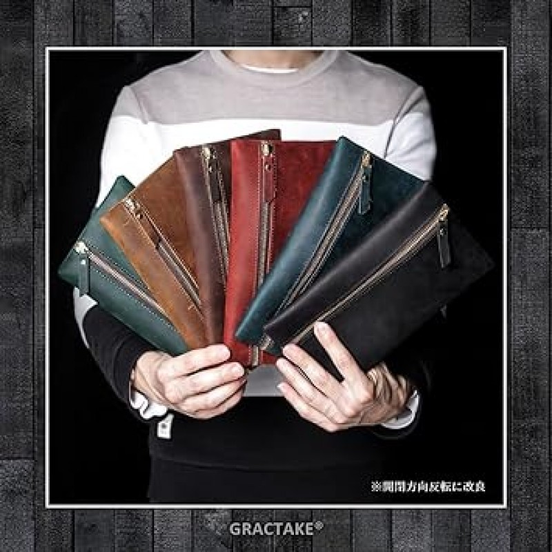 GRACTTAKE PC-02 필통, 가죽, 얇은, 대용량, 큰, 성인용 가죽, 스타일리시, 필통, 크레이지 호스, 블랙, 일본어