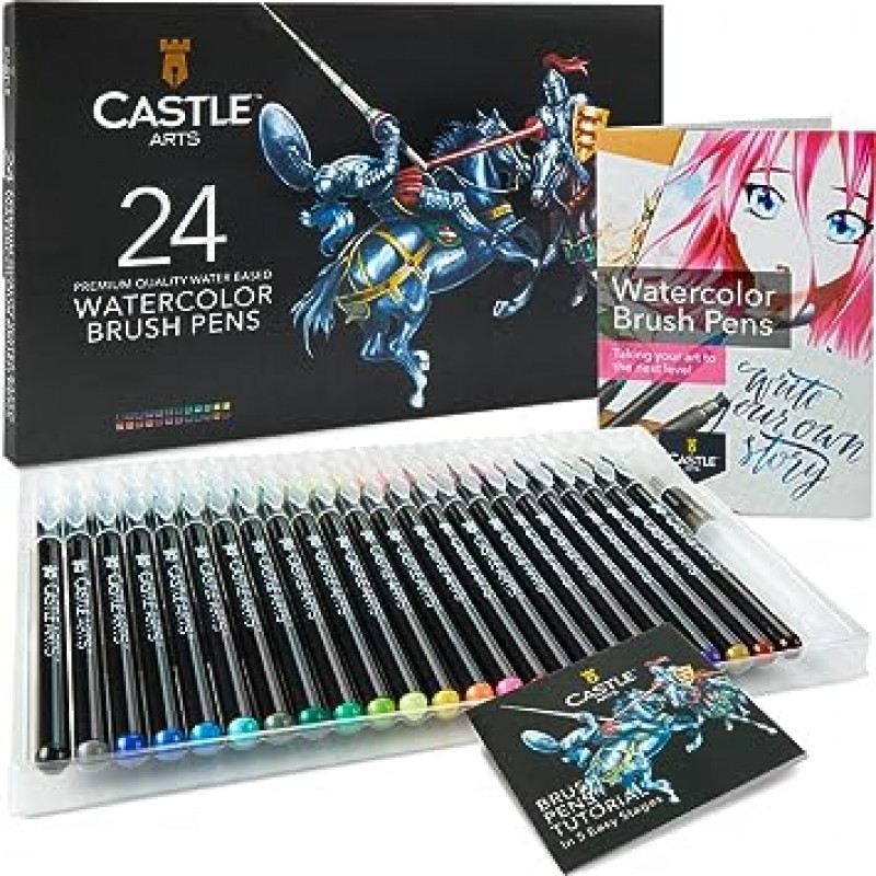 Castle Art Supplies 수채화 브러시 펜 24 개 성인 아티스트 용 생생한 마커 유연한 나일론 브러시 팁 색칠하기 책