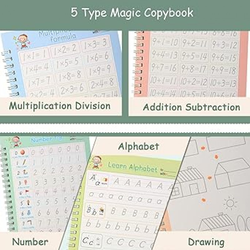 매직 연습용 카피북 어린이용 5팩 재이용 가능 홈 첨부 필기 연습장 미취학 아동 필기 연습장 필기 보조 매직 연습용 카피북 어린이용 프린트 라이팅
