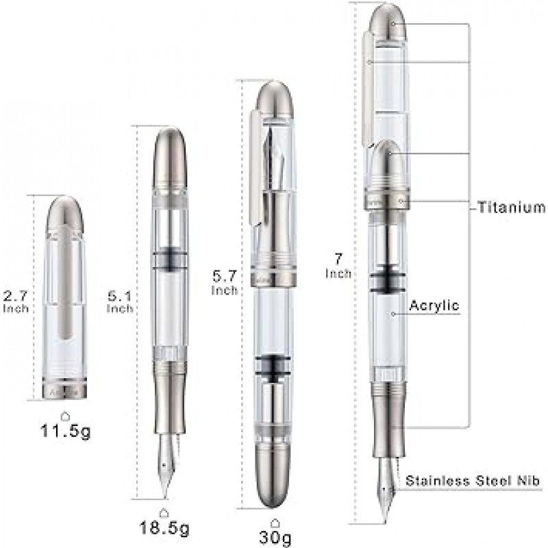 Asvine P36 티타늄 만년필 피스톤 충전 이리듐 중자 펜촉 클리어 투명 아크릴 부드러운 쓰기 기분 펜 케이스 세트
