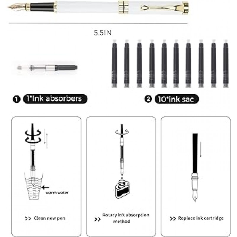 Tiankool 고급 만년필 작은 펜촉 절묘한 펜 선물 세트 남녀 겸용 잉크 카트리지 10 개 & 잉크 컨버터 멋진 펜 화이트