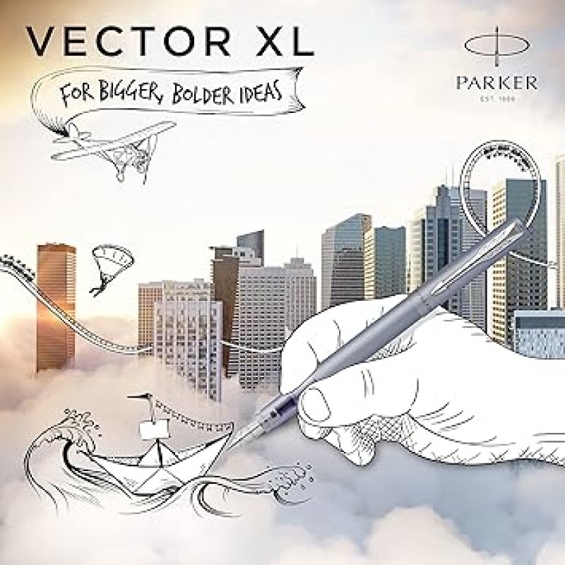 Parker Vector XL 만년필 | 메탈릭 실버 블루 래커 | 미세 펜촉 블루 잉크 리필 | 선물 상자