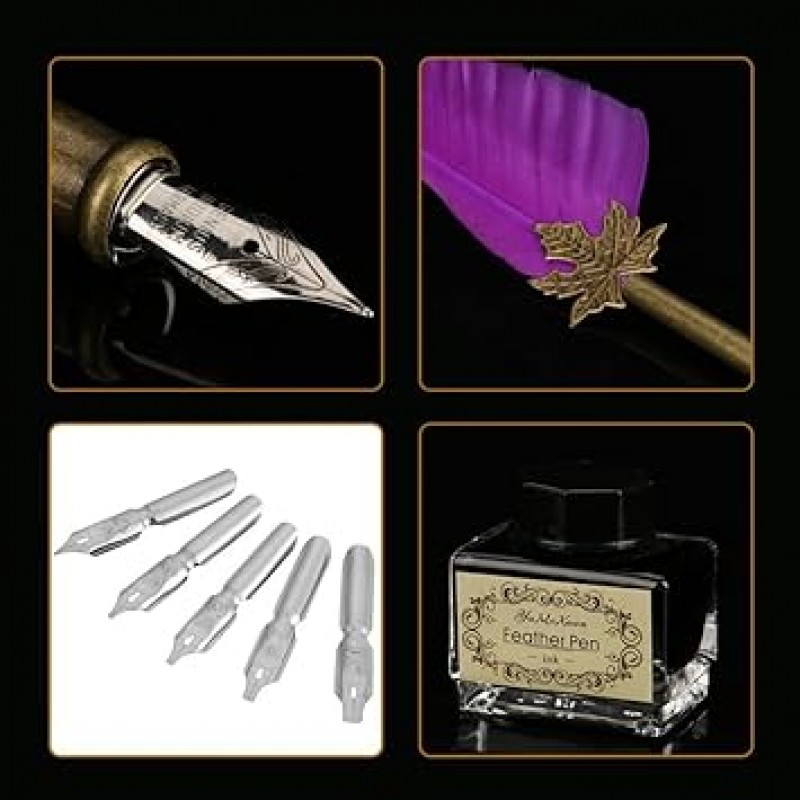 깃털 펜 서예 펜, Writing Quill Ink Dip Pen Set with 잉크and 5점 메탈 Nibs Hand Craft 펜 in 선물 상자