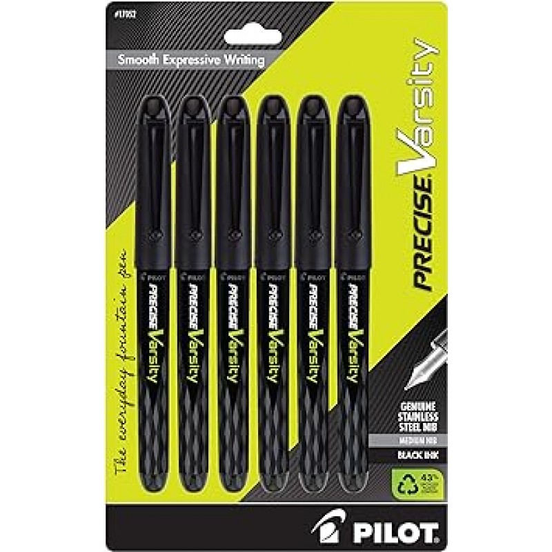 PILOT Precise Varsity Everyday 만년필, 미디엄 포인트 스테인레스 스틸 펜촉, 블랙 잉크, 6-팩 (17052)