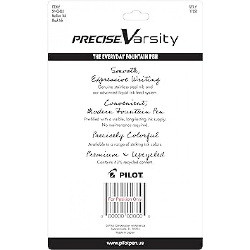 PILOT Precise Varsity Everyday 만년필, 미디엄 포인트 스테인레스 스틸 펜촉, 블랙 잉크, 6-팩 (17052)