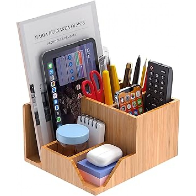 BambuMate Bamboo Desk Organizer, 탁상수납, 수납케이스, 펜홀더, 책꽂이, 소품, 수첩, 거치대, 스마트폰, 리모콘, 문구류, 화장품, 잡화, 조립불필요, 대용량, 선물용으로도 추천