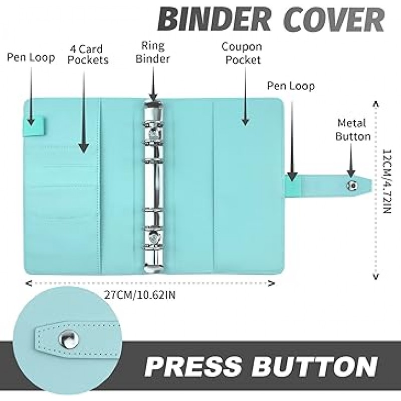 LAPOND A6 바인더, 예산 바인더, 가계부, 고급 PU 경질 가죽, 내구성, 가계 관리, 돈 관리, 예산 및 저축 메모 홀더, 6 홀 링 루스 리프, 카드 포켓, 자 및 펜 루프, 지퍼 봉투 (파란색) )