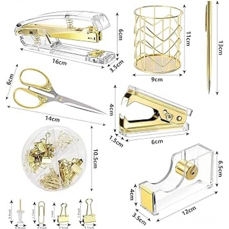 hengshao HS-242 스테이플러 키트 아름다운 귀여운 학생 스테이플러 아크릴 스테이플러 테이프 커터 스테이플 리무버 펜 홀더 볼펜 가위 Zem 클립 더블 클립 푸시 핀 1000 스테이플 사무용품 홈 문구 (로즈 골드)