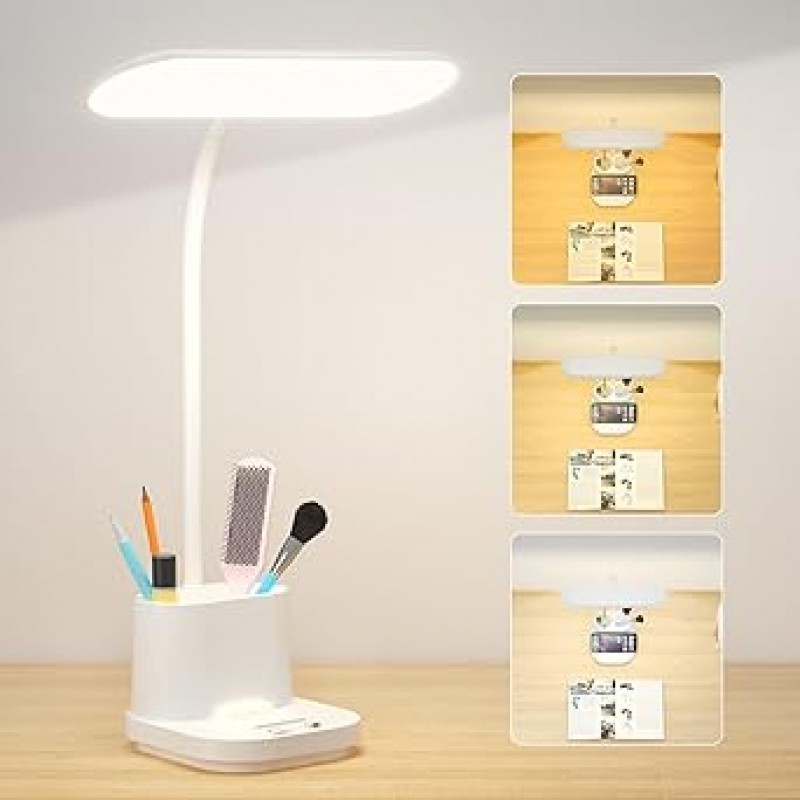 Deeplite 책상 조명, 책상 램프, 브러시 스탠드, LED, 다기능, 독서등, 3색 조광 가능, 360° 회전, 책상 램프, 문구 보관함, USB 전원, 경량, 다기능 조명, 실내 조명, 독서, 연구, 작업, 정전, 눈에 친화적인, 터치 센서, PC 작업, 흰색