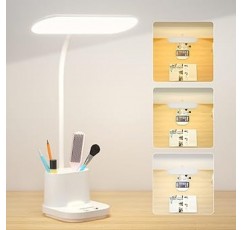 Deeplite 책상 조명, 책상 램프, 브러시 스탠드, LED, 다기능, 독서등, 3색 조광 가능, 360° 회전, 책상 램프, 문구 보관함, USB 전원, 경량, 다기능 조명, 실내 조명, 독서, 연구, 작업, 정전, 눈에 친화적인, 터치 센서, PC 작업, 흰색