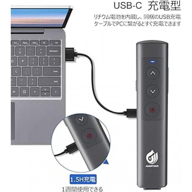 PPT 슬라이드용 AMERTEER 레이저 포인터, 무선 발표자 USB 충전식, 원격 제어, PSC 인증, 하이퍼링크 작동, PowerPoint, Keynote, Google Slides Remote 등과 호환, 스토리지 팩, 회색 (076)