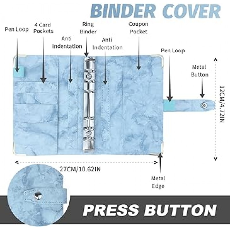 LAPOND A6 바인더 예산 바인더 가계부 프리미엄 PU 경질 가죽 튼튼한 가계 관리 돈 관리 메모 종이 상자 예산 절약 돈 절약 6 홀 링 룰러 및 펜 루프 및 지퍼 봉투가있는 루스 리프 카드 포켓 (MarbleBlue)