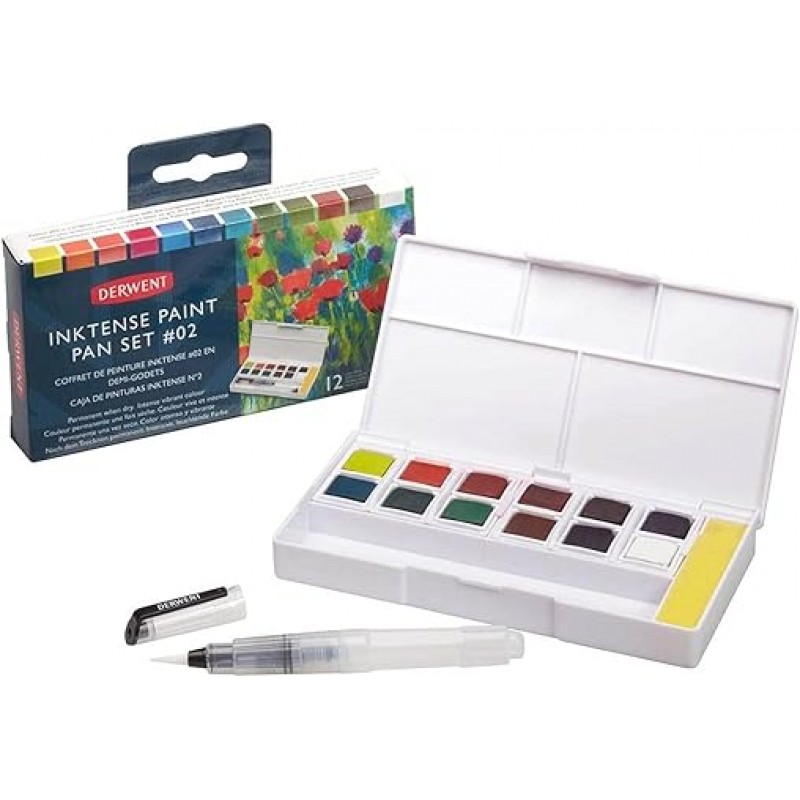 Derwent Inktense 2305789 페인트 팬, 12색, 수채화, 페인트, 천 및 나뭇결에 착색 가능, 방수, 겹치기