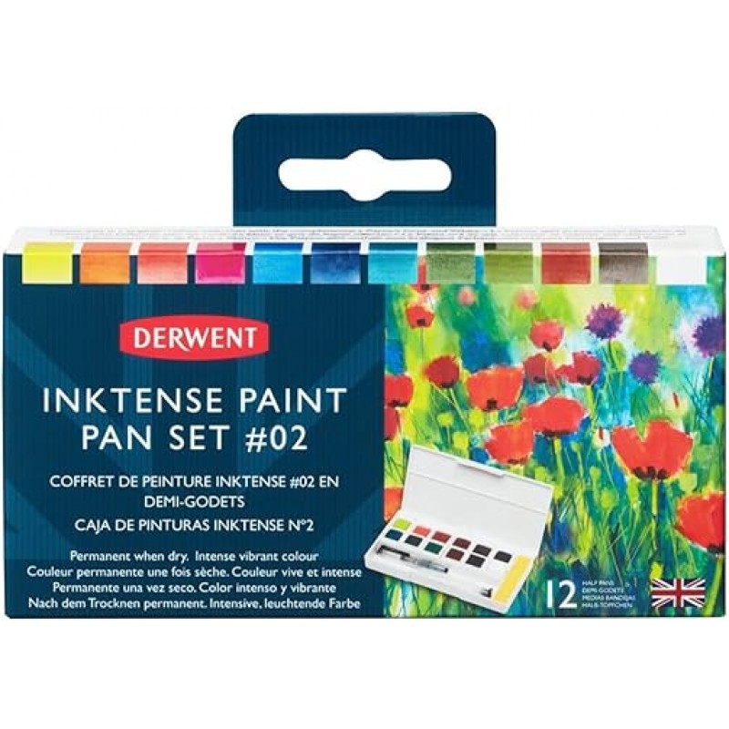 Derwent Inktense 2305789 페인트 팬, 12색, 수채화, 페인트, 천 및 나뭇결에 착색 가능, 방수, 겹치기