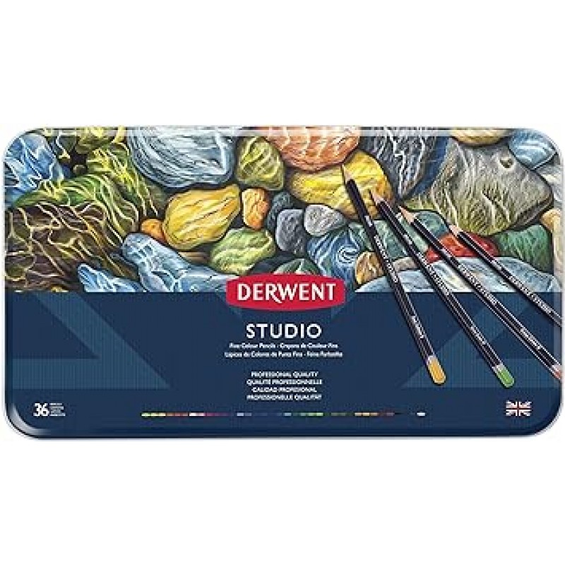 Derwent Studio 색연필, 3.4mm 코어, 금속 주석, 36개(32198)