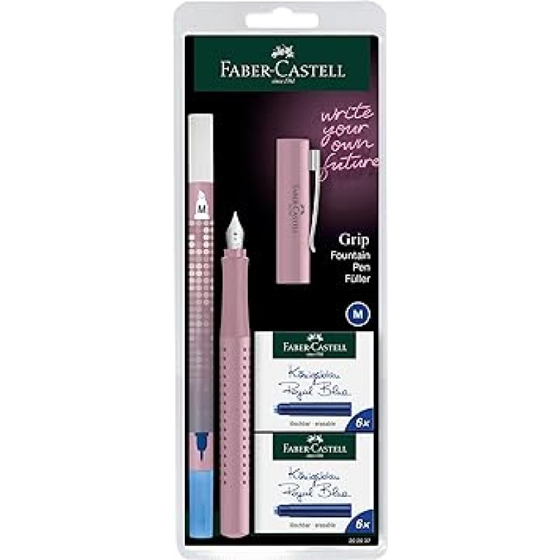 Faber-Castell 202037 Grip 2010 Harmony 만년필 펜촉 M 로즈 그림자 잉크 지우개와 교환용 카트리지 12개 첨부