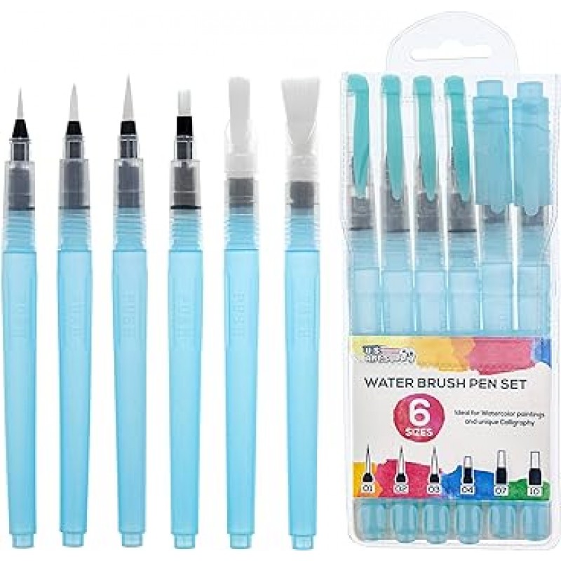U.S. Art Supply 수성 붓펜 6개 세트 (사이즈 - 01, 02, 03, 04, 07, 10) - 리필 가능, 수채화, 서예, 회화