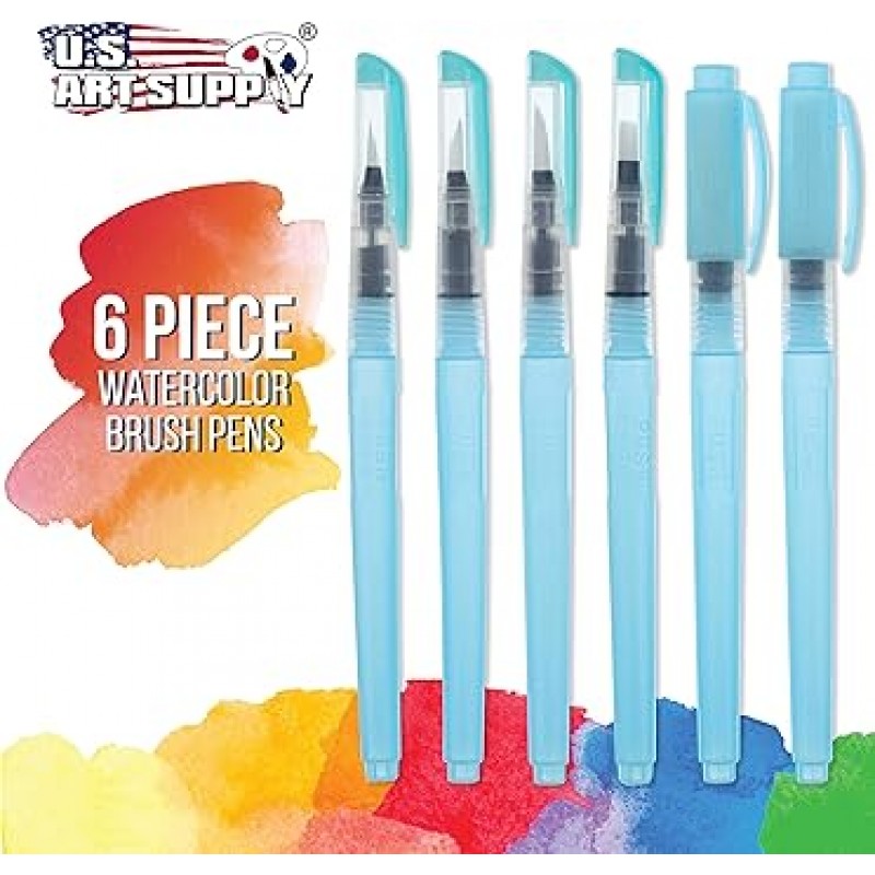 U.S. Art Supply 수성 붓펜 6개 세트 (사이즈 - 01, 02, 03, 04, 07, 10) - 리필 가능, 수채화, 서예, 회화