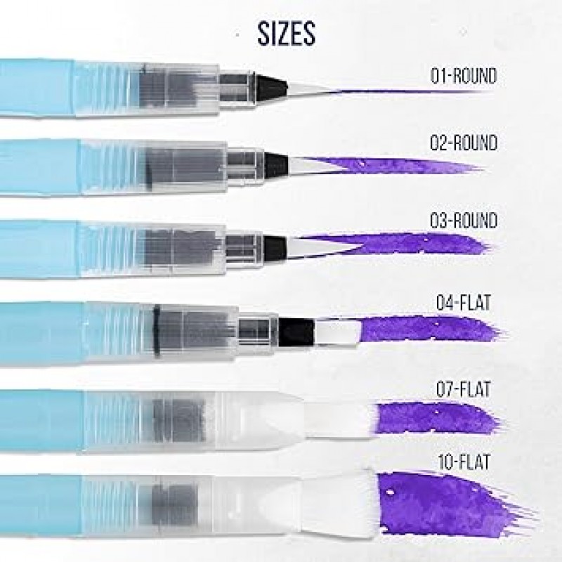 U.S. Art Supply 수성 붓펜 6개 세트 (사이즈 - 01, 02, 03, 04, 07, 10) - 리필 가능, 수채화, 서예, 회화