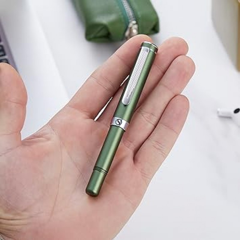 Scriveiner 프리미엄 EDC 만년필 (미디엄 포인트), Nice Matte Green Pocket Pen, Chrome Finish, Schmidt Nib, Converter, Best Writing Instrument Gift Set, Men & Women, Nice Office Designer Pen