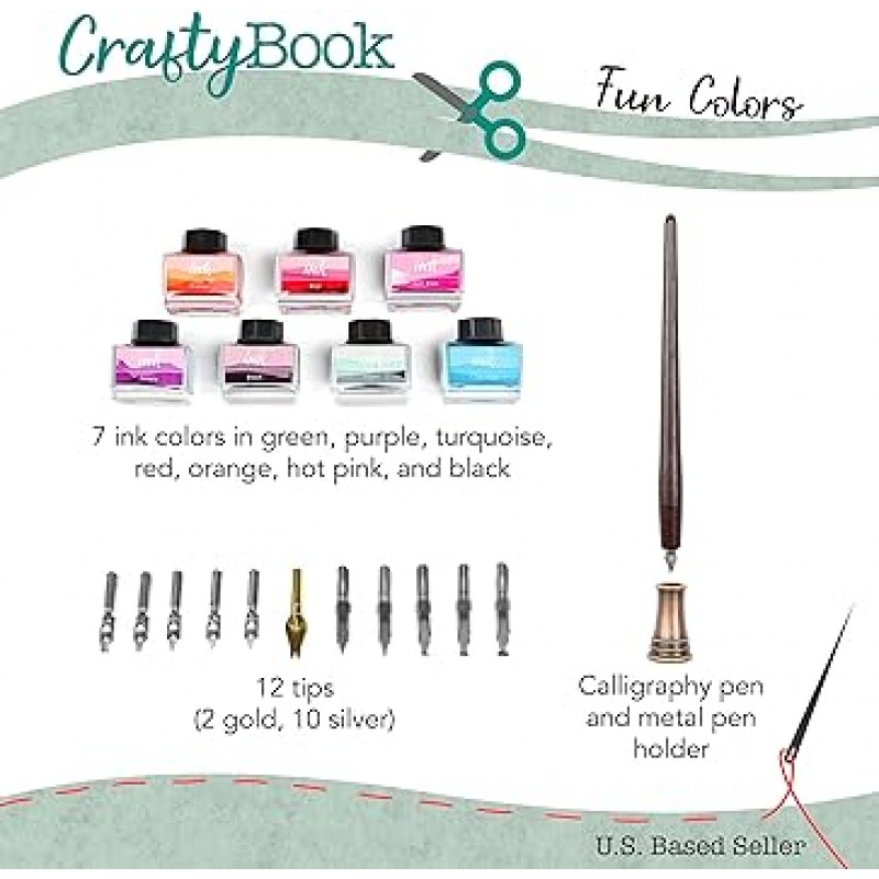 초보자를 위한 CraftyBook 서예 세트 - 잉크 및 12pc 서예 펜 펜촉으로 쓰기 위한 나무 서예 펜