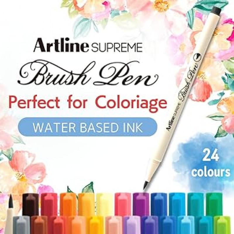 artline SUPREME 브러쉬 펜 Coloriage 저널링 노트 핸드 레터링 붓글씨 브러시 스타일 (유연) 24 색 잉크 세트 (EPFS-F / 24W)