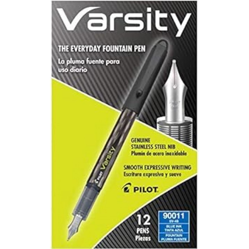 파일럿 Varsity Disposable 만년필 – Meduim 펜 포인트 타입 – 블루 잉크 – 실버 블랙 배럴 – 1 Each