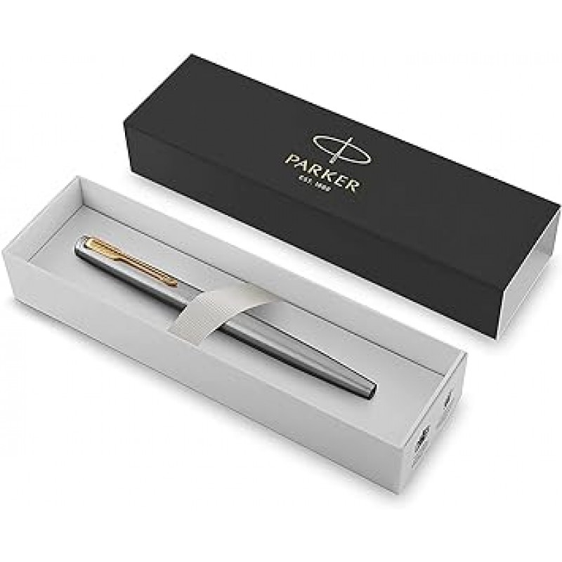 Parker Jotter 만년필 스테인레스 스틸 바디 골드 트림 미디엄 포인트 블루 잉크 선물 상자 포함