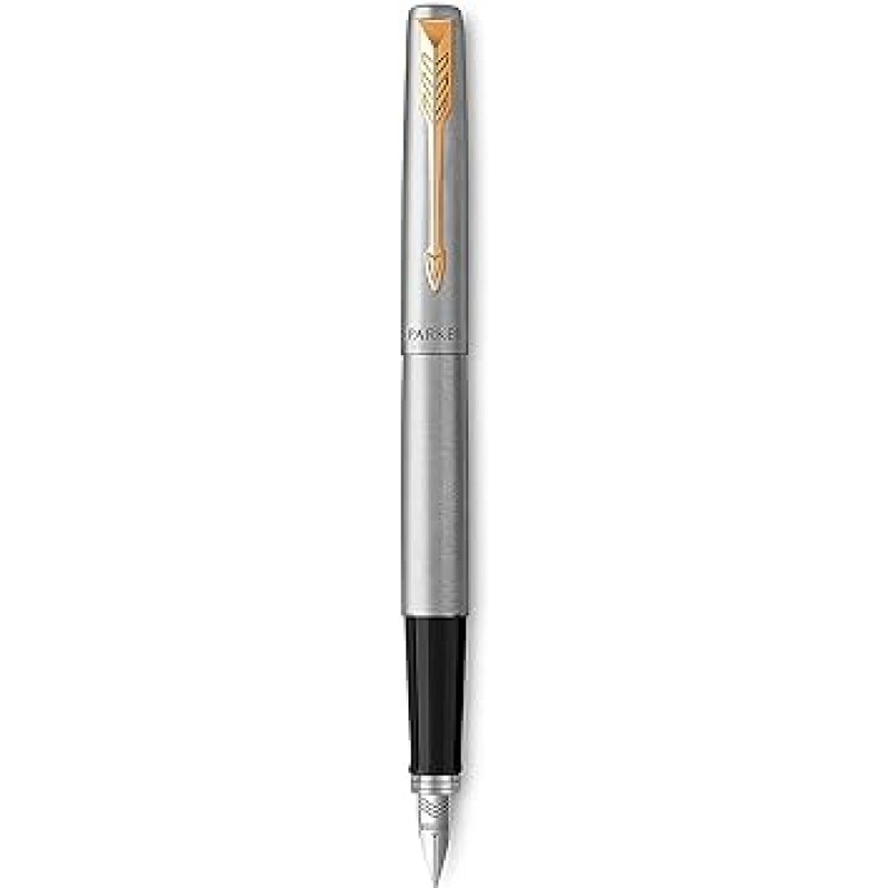 Parker Jotter 만년필 스테인레스 스틸 바디 골드 트림 미디엄 포인트 블루 잉크 선물 상자 포함