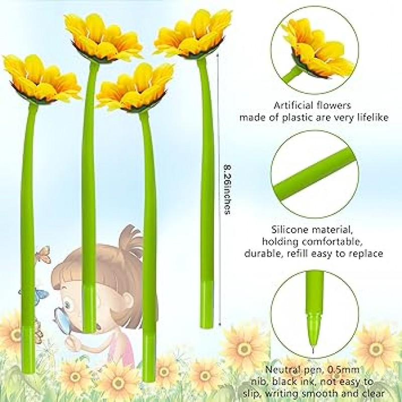 해바라기 펜 가짜 꽃 볼펜 창조적 인 해바라기 젤 잉크 펜 0.5mm 꽃 붓 펜 학교 사무실 집 어린이 교사 학생 선물 파티 기념품 장식용 (24 책)