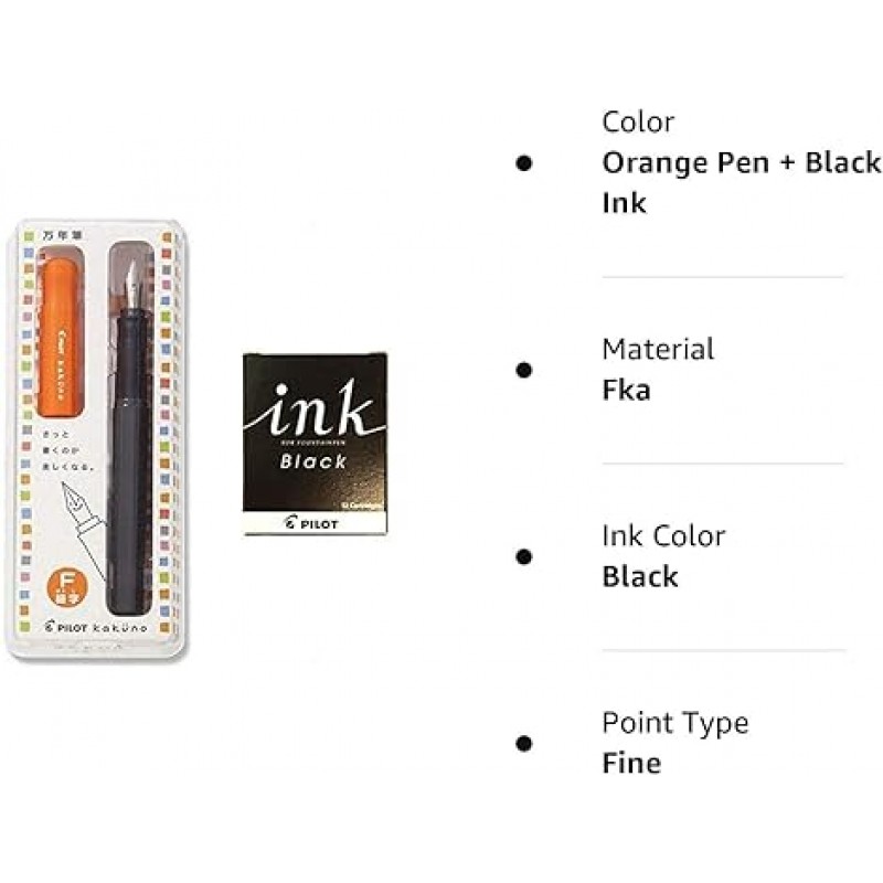 파일럿 가쿠노 만년필 초보자 글자 오렌게 바디 (FKA-1SR-OF)+ 잉크 카트리지 12개/1세트 (IRF-12S-B)