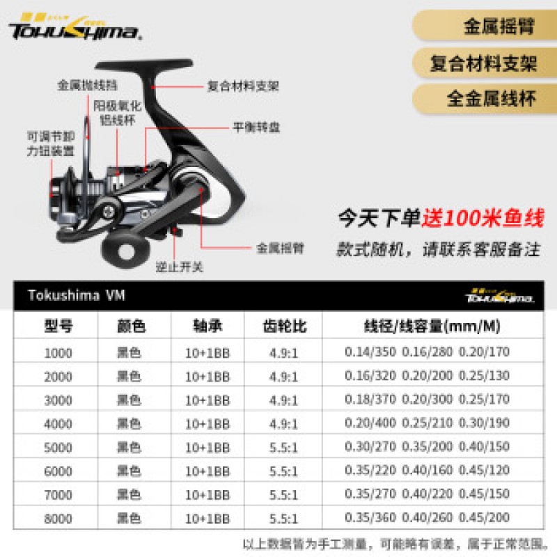 도쿠시마 VM 낚시 릴 물레 올메탈 컵 낚시 릴 시로드 바다 막대 낚싯대 더블 베어링 루어 낚시 릴 VM [11축] + 부속품 패키지 + 낚싯줄 2000형