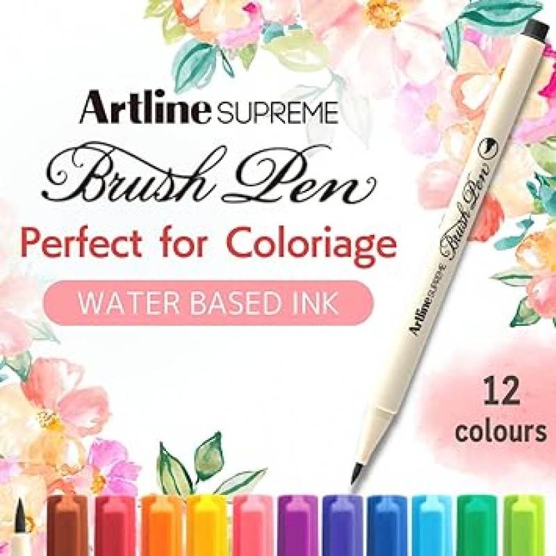 artline Supreme EPFS 수채화 붓 펜 12개 팩 수성 컬러 얇은 첨단 족집게 페인트나 붓글씨에 최적