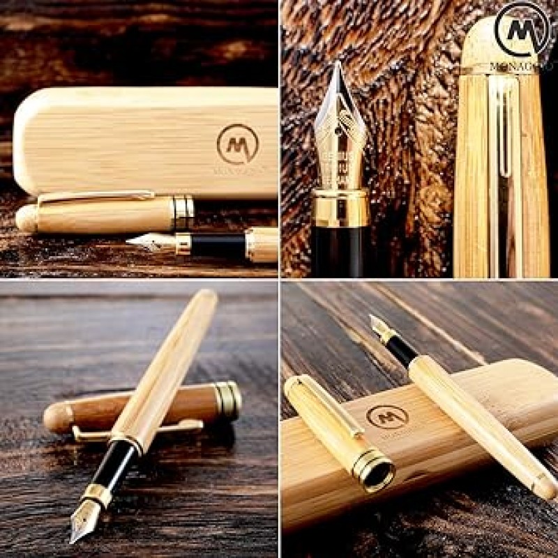 (대나무 만년필(케이스 포함)) - Monaggio Fountain Pen Set Fine to Medium Nib Original Bamboo with Elegant Case and Converter Vintage Antique Calligraphy Writing Pens With Ink Cartridges(대나무 만년필(케이스 포함))