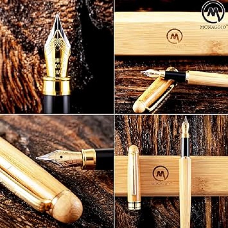 (대나무 만년필(케이스 포함)) - Monaggio Fountain Pen Set Fine to Medium Nib Original Bamboo with Elegant Case and Converter Vintage Antique Calligraphy Writing Pens With Ink Cartridges(대나무 만년필(케이스 포함))