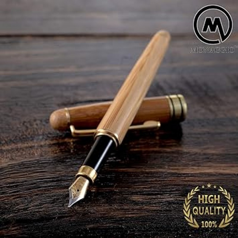 (대나무 만년필(케이스 포함)) - Monaggio Fountain Pen Set Fine to Medium Nib Original Bamboo with Elegant Case and Converter Vintage Antique Calligraphy Writing Pens With Ink Cartridges(대나무 만년필(케이스 포함))