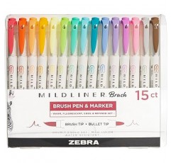 Zebra Mildliner 양끝 브러시 펜 및 마커 15/패키지-다양한 색상 -79115