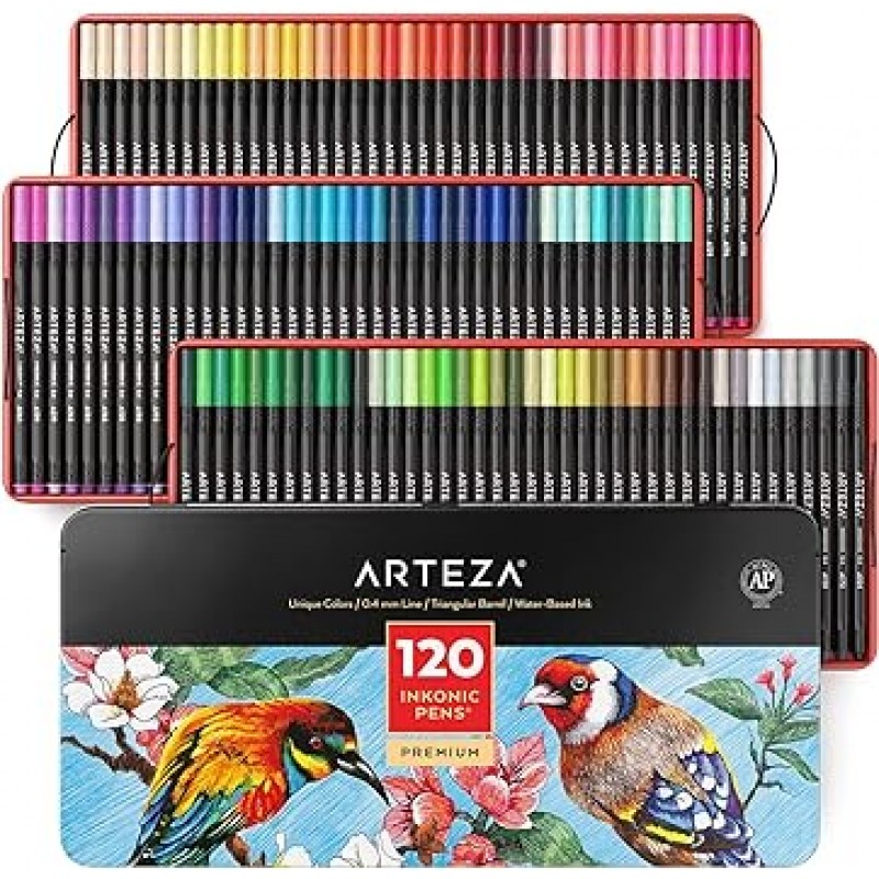 Arteza Fineliner 파인 포인트 펜, 색상 번호가 있는 120개의 파인 팁 마커 세트, 0.4mm 팁, 인체 공학적 배럴, 컬러링, 드로잉 및 디테일링을 위한 다양한 색상