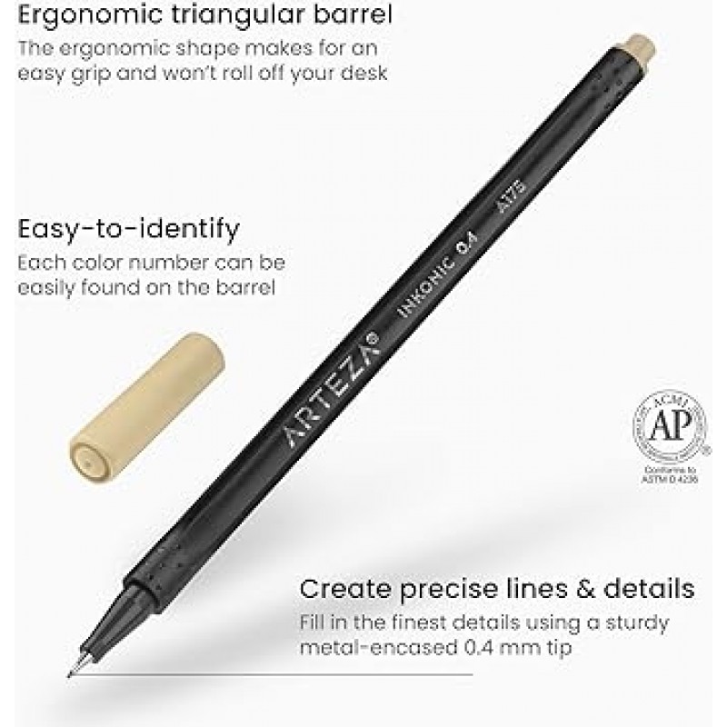 Arteza Fineliner 파인 포인트 펜, 색상 번호가 있는 120개의 파인 팁 마커 세트, 0.4mm 팁, 인체 공학적 배럴, 컬러링, 드로잉 및 디테일링을 위한 다양한 색상